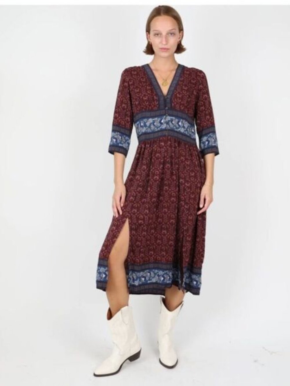 Sea Burgundy and Blue Silk Floral Dress